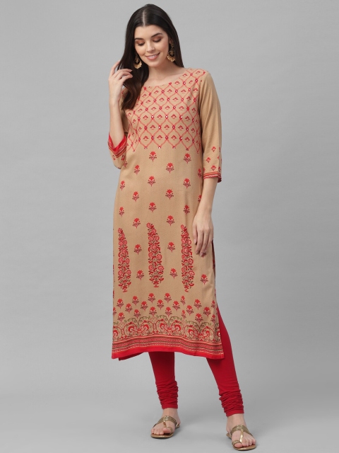 

all about you Women Beige & Red Floral Printed Kurta