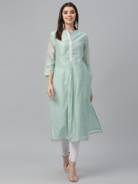 

all about you Women Sea Green Chanderi Silk Kurta