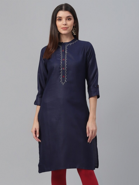 

all about you Women Navy Blue Yoke Design Pure Cotton Kurta