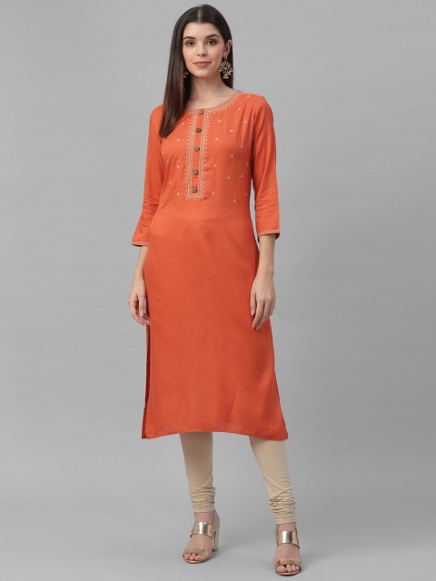 

all about you Women Orange Floral Embroidered Thread Work Pure Cotton Kurta
