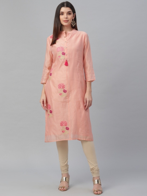 

all about you Women Peach-Coloured & Pink Thread Work Chanderi Silk Kurta