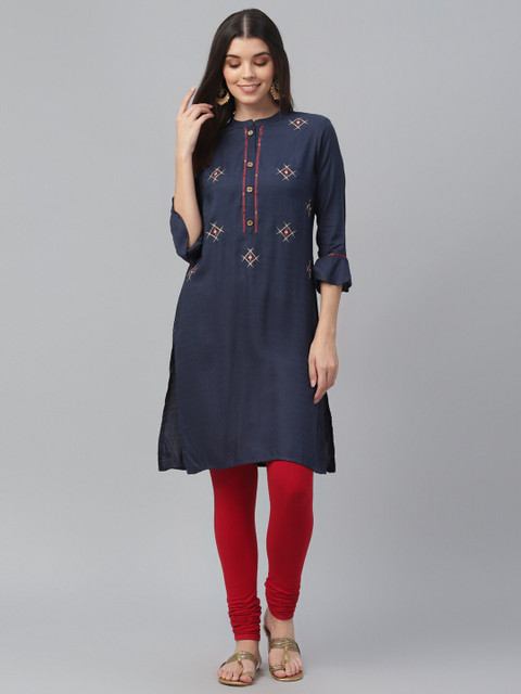 

all about you Women Navy Blue Embroidered Thread Work Kurti