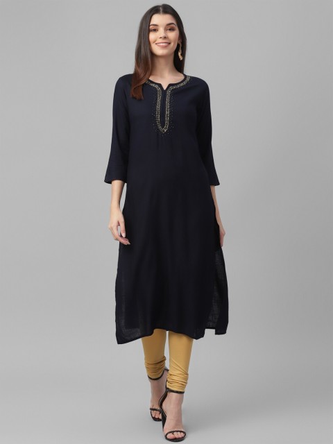 

all about you Women Navy Blue Embellished Kurta