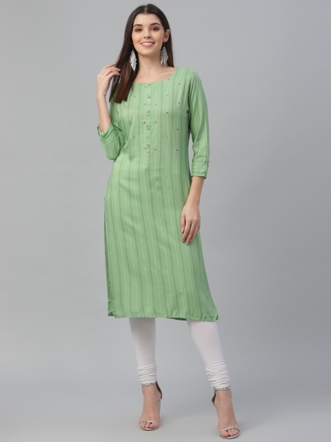 

all about you Women Green & White Printed Mirror Work Kurta