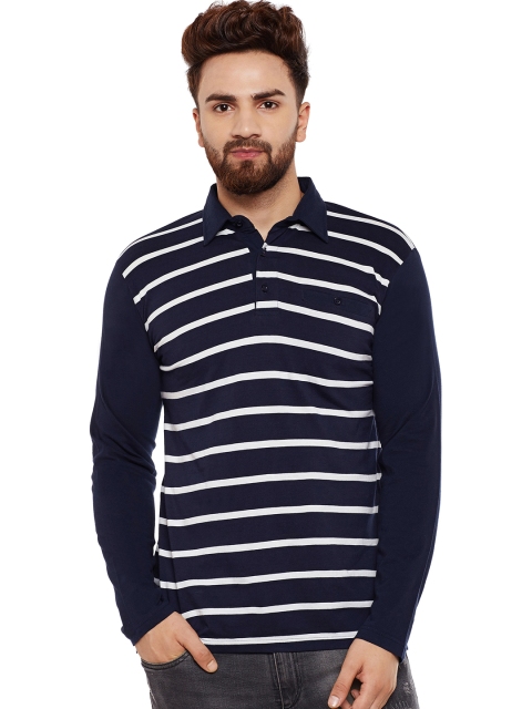 

Hypernation Men Navy Striped Polo Collar T-shirt, Navy blue