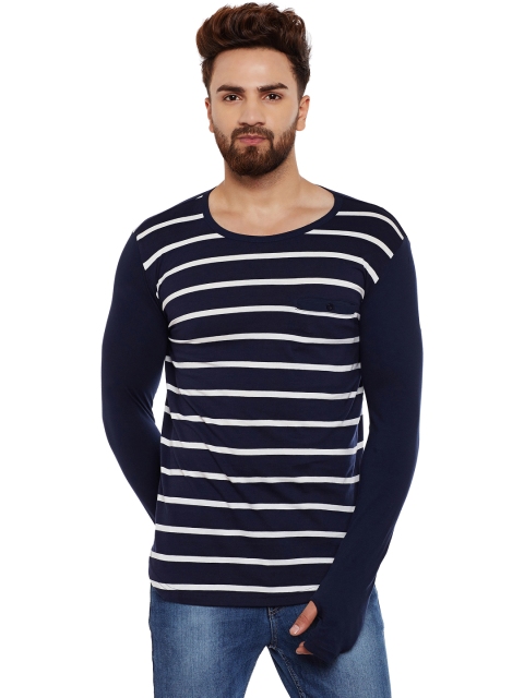 

Hypernation Men Navy Striped Round Neck T-shirt, Navy blue