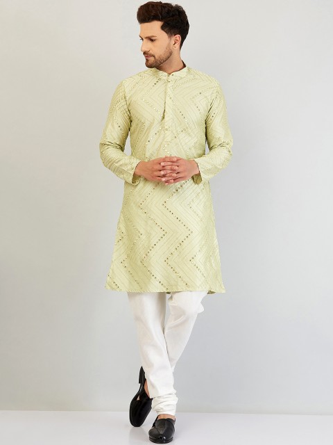 

Armaan Ethnic Men Embroidered Mirror Work Dupion Silk Kurta with Pyjama, Green