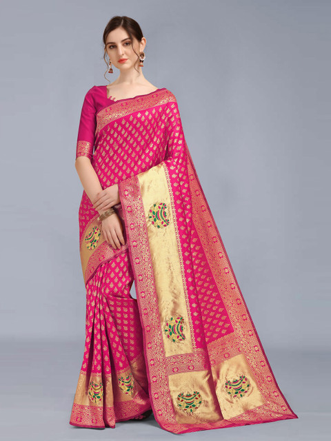 

MARUTI ART Pink & Gold-Toned Ethnic Motifs Zari Silk Blend Banarasi Saree