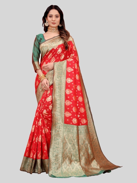 

MARUTI ART Red & Green Ethnic Motifs Zari Silk Blend Banarasi Saree