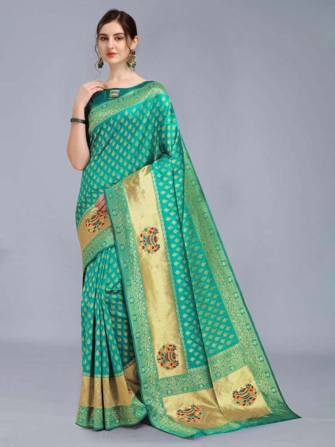 

MARUTI ART Sea Green And Gold-Toned Woven Design Patchwork Banarasi Saree