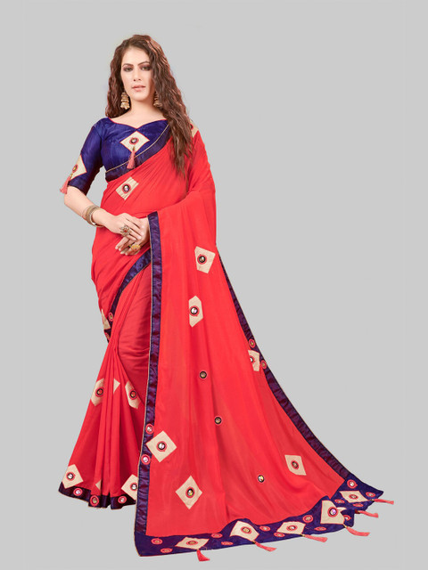 

MARUTI ART Red And Blue Embellished Art Silk Saree