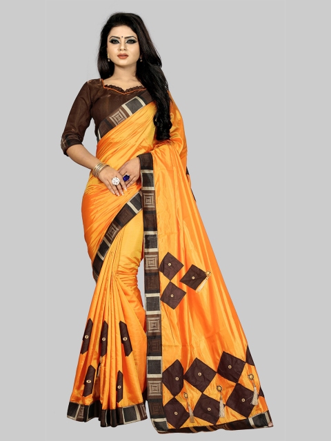 

MARUTI ART Orange And Brown Patch Work Embellished Art Silk Saree