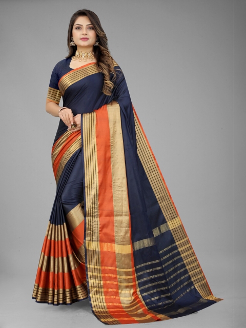 

MARUTI ART Navy Blue And Gold-Toned Striped Border Zari Poly Silk Saree