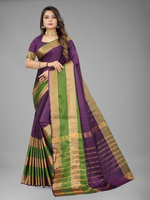 

MARUTI ART Purple And Gold-Toned Striped Border Zari Poly Silk Saree