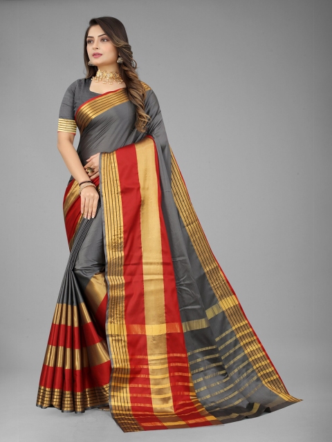 

MARUTI ART Grey And Gold-Toned Striped Border Zari Poly Silk Saree