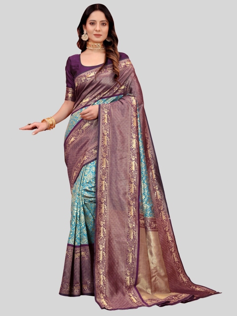 

MARUTI ART Sea Green And Purple Ethnic Motifs Zari Banarasi Saree