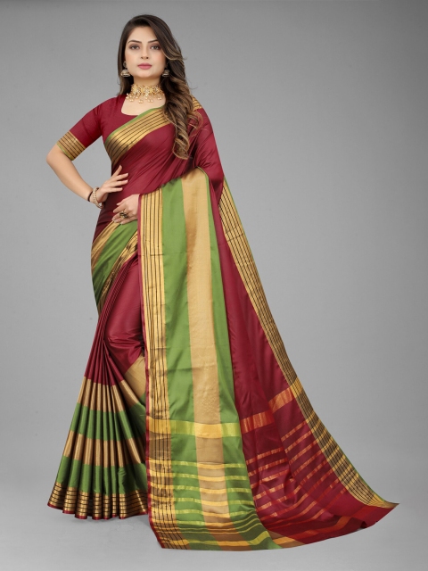 

MARUTI ART Maroon And Gold-Toned Striped Border Zari Poly Silk Saree