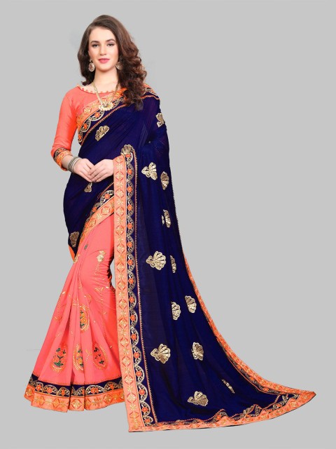 

MARUTI ART Navy Blue And Orange Floral Embroidered Art Silk Heavy Work Saree