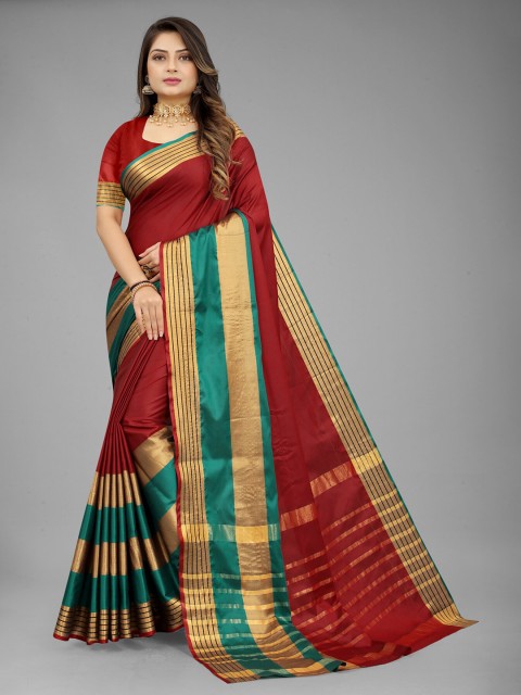 

MARUTI ART Red And Green Striped Border Zari Saree