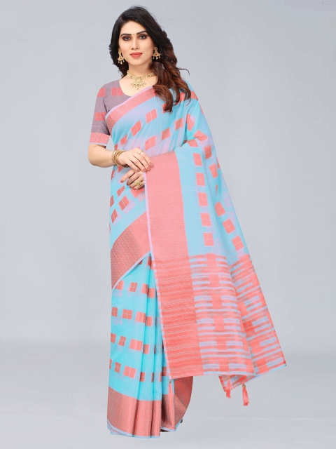 

MARUTI ART Turquoise Blue And Peach Woven Design Zari Saree