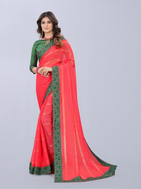 

MARUTI ART Pink And Green Checked Embroidered Border Art Silk Saree