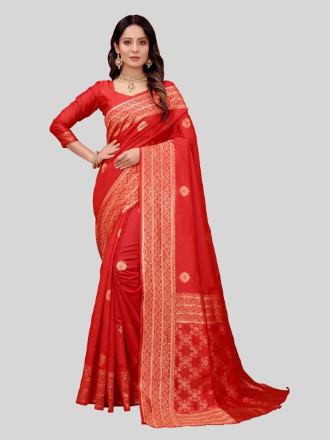 

MARUTI ART Red And Gold-Toned Woven Design Zari Banarasi Saree