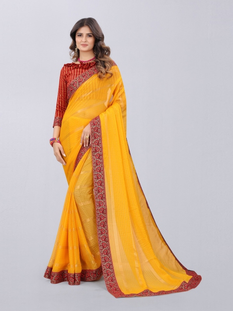 

MARUTI ART Yellow And Red Checked Embroidered Border Art Silk Saree