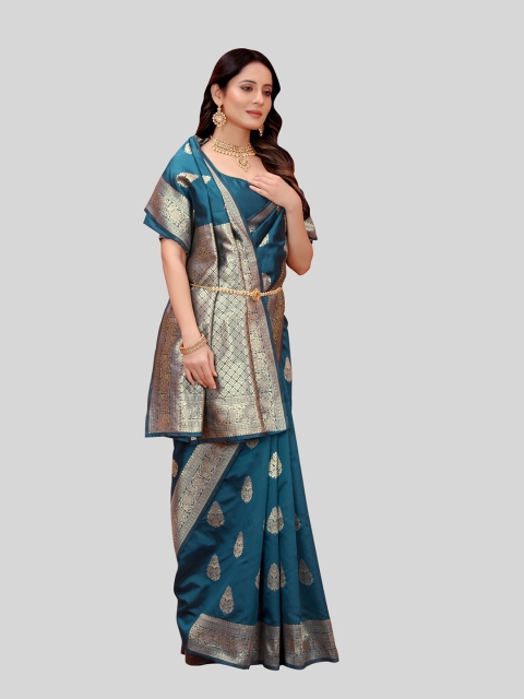 

MARUTI ART Blue And Silver Toned Woven Design Zari Banarasi Saree