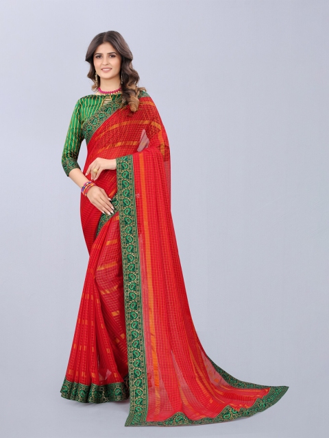 

MARUTI ART Red And Green Checked Embroidered Border Art Silk Saree