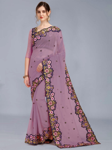 

MARUTI ART Purple And Gold-Toned Floral Embroidered Pure Georgette Saree