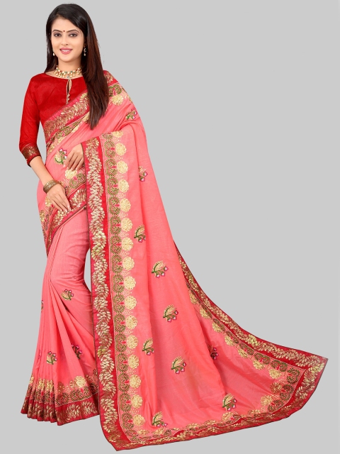 

MARUTI ART Pink And Red Floral Embroidered Art Silk Saree
