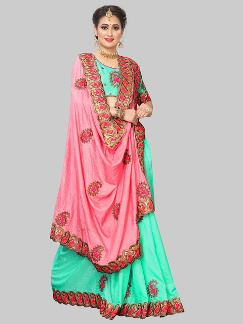 

MARUTI ART Pink & Orange Floral Embroidered Art Silk Saree