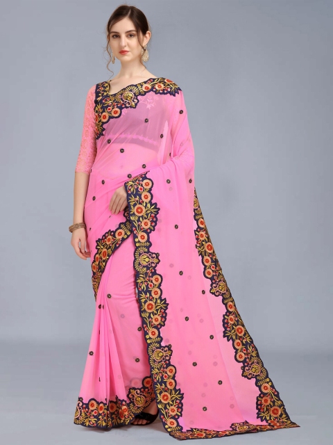

MARUTI ART Pink Floral Embroidered Border Pure Georgette Saree