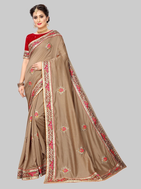 

MARUTI ART Brown And Pink Floral Embroidered Art Silk Saree