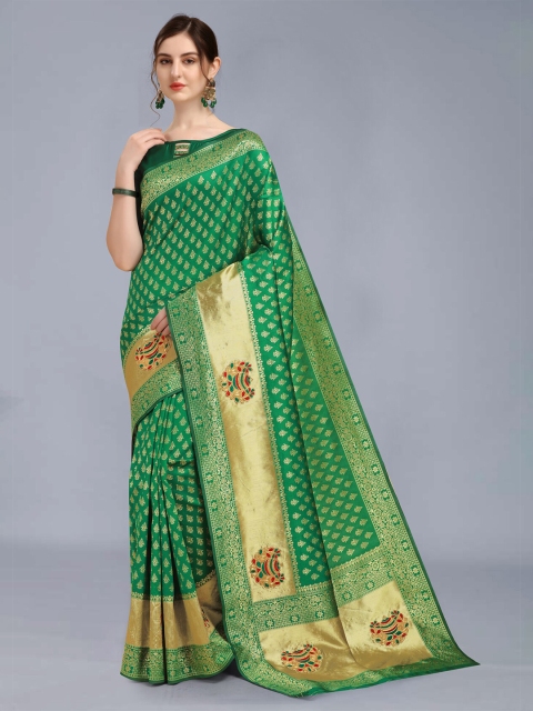 

MARUTI ART Green And Gold-Toned Floral Woven Design Zari Banarasi Saree