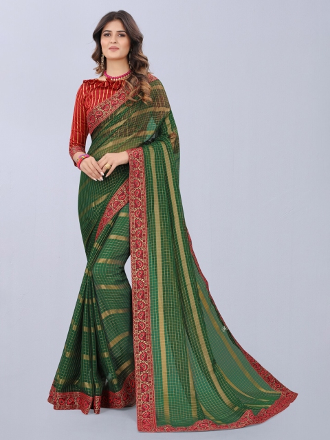 

MARUTI ART Green And Red Checked Embroidered Border Art Silk Saree