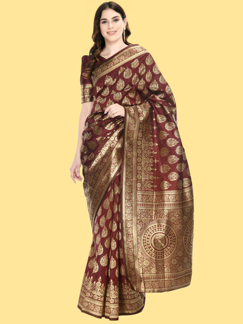 

MARUTI ART Maroon & Gold-Toned Woven Design Zari Silk Blend Banarasi Saree