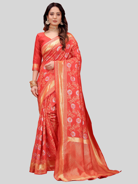 

MARUTI ART Red & Silver-Toned Ethnic Motifs Zari Silk Blend Banarasi Saree