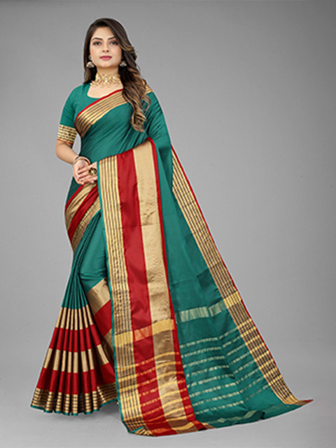 

MARUTI ART Sea Green And Red Woven Design Striped Border Zari Saree