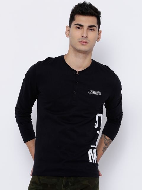 

LOCOMOTIVE Men Black Printed Henley Neck Slim Fit T-shirt