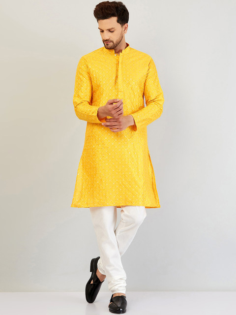 

Armaan Ethnic Men Embroidered Dupion Silk Straight Kurta with Churidar, Yellow