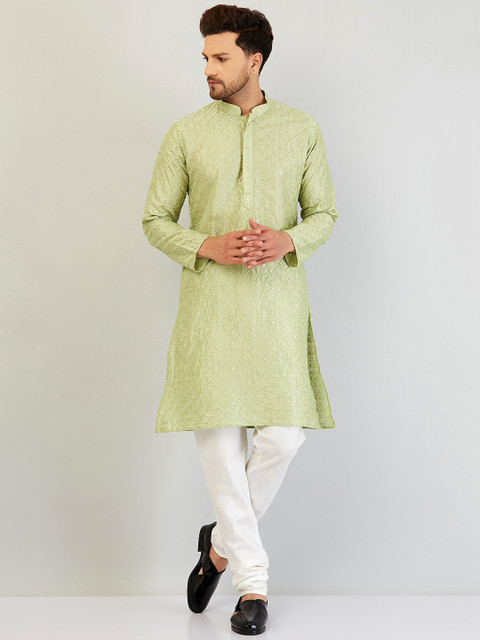 

Armaan Ethnic Men Green Sequinned Dupion Silk Kurta with Churidar