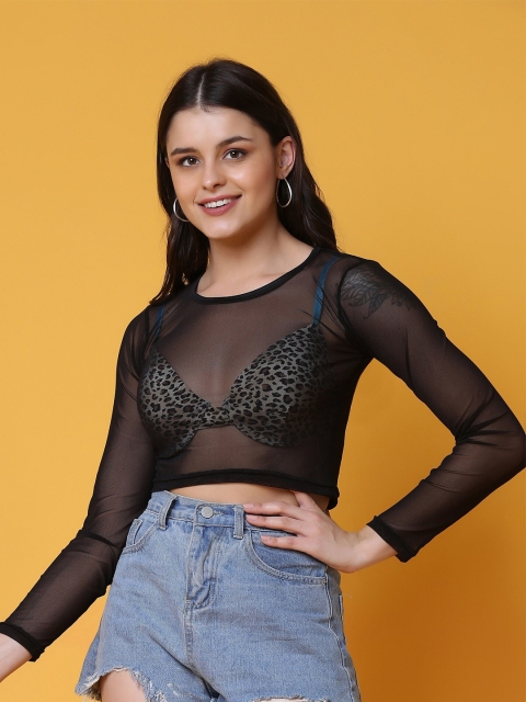 

Crazy SHE Black Solid Net Crop Top