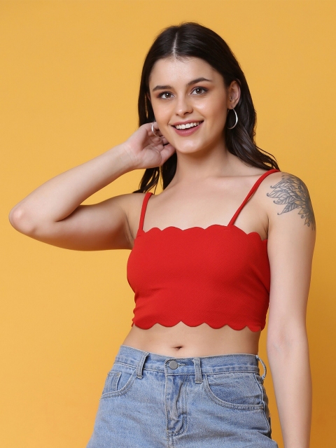 

Crazy SHE Red Solid Polyester Crop Top