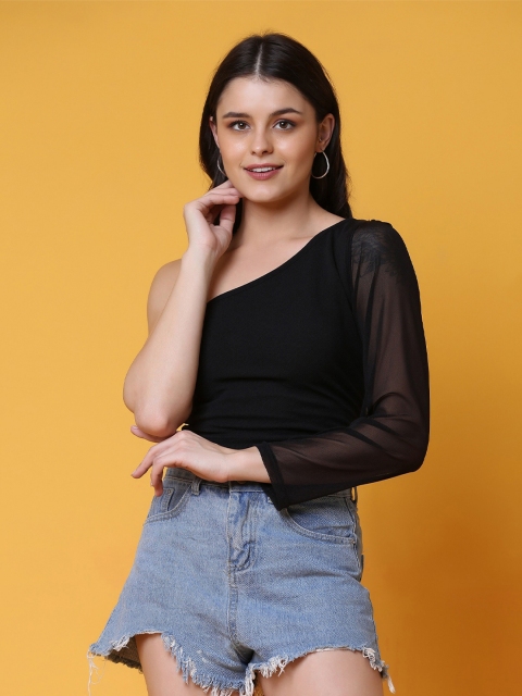 

Crazy SHE Black One Shoulder Chiffon Crop Top