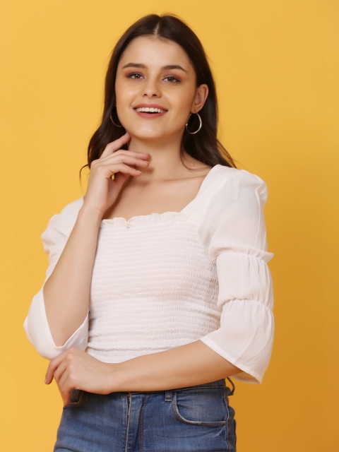 

Crazy SHE Women White Solid Smocked Crop Top