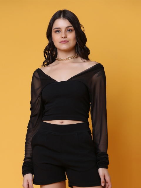 

Crazy SHE Black Solid Chiffon Crop Top