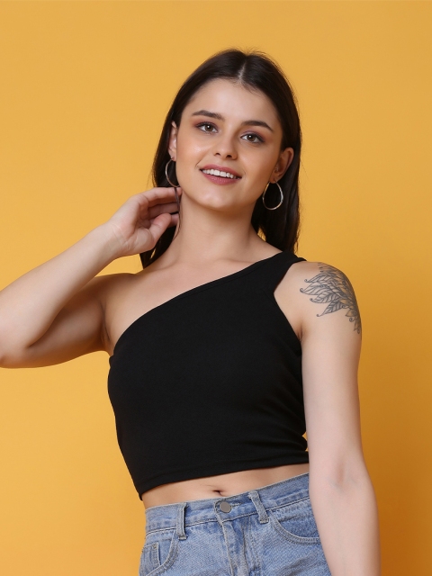

Crazy SHE Women Black One Shoulder Polyester Crop Top