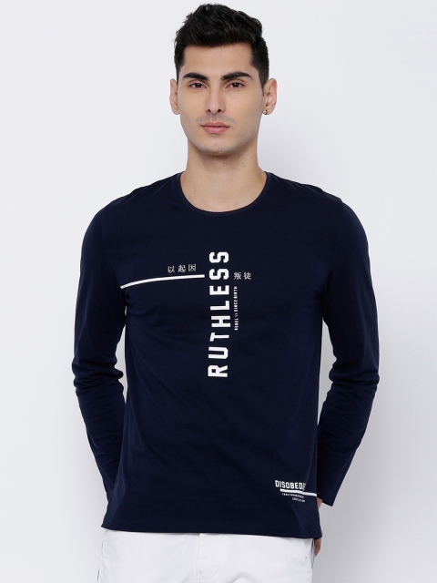 

LOCOMOTIVE Men Navy Slim Fit Printed Round Neck T-shirt, Navy blue