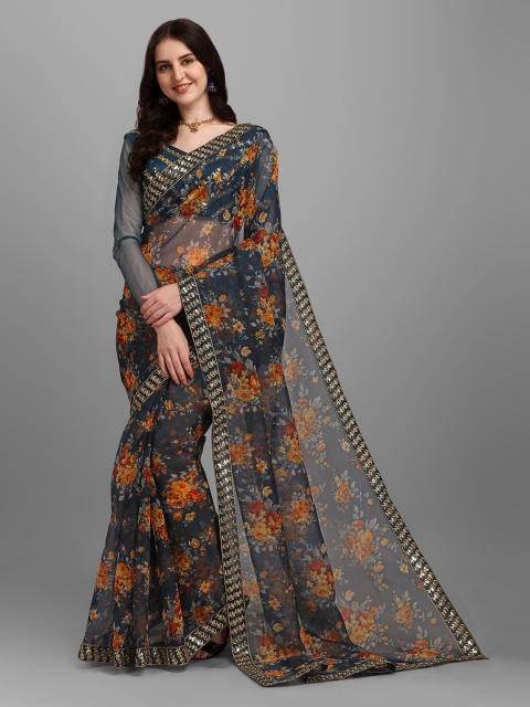 

YOYO Fashion Women Turquoise Blue Sequin Embellished Organza Silk Saree